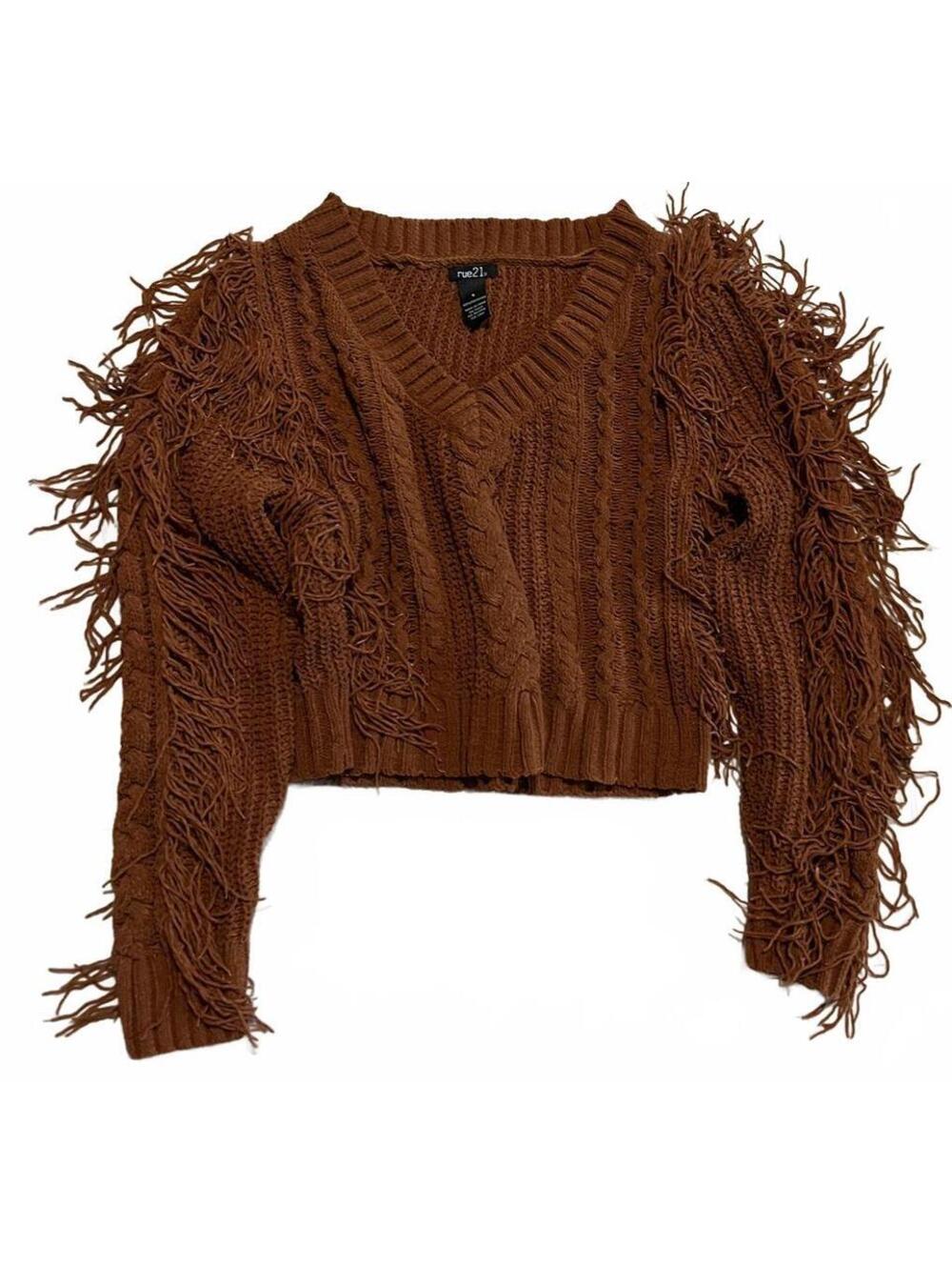 rue21 Brown Cropped Fringe Sweater Size Small